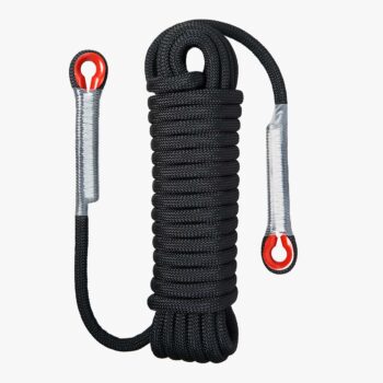 Full view of black 10 m SAINT static rope with dual reinforced red carabiner eyelets – CE EN564 certified polyester with latex core