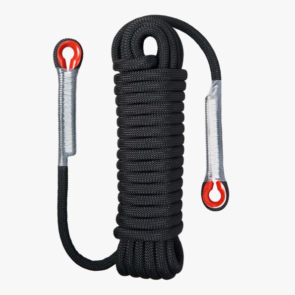 Full view of black 10 m SAINT static rope with dual reinforced red carabiner eyelets – CE EN564 certified polyester with latex core