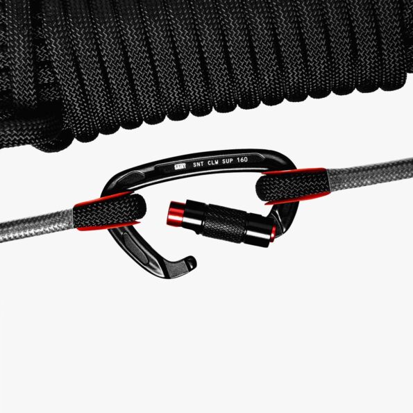 Black 10 mm SAINT static rope connected to a black and red locking carabiner