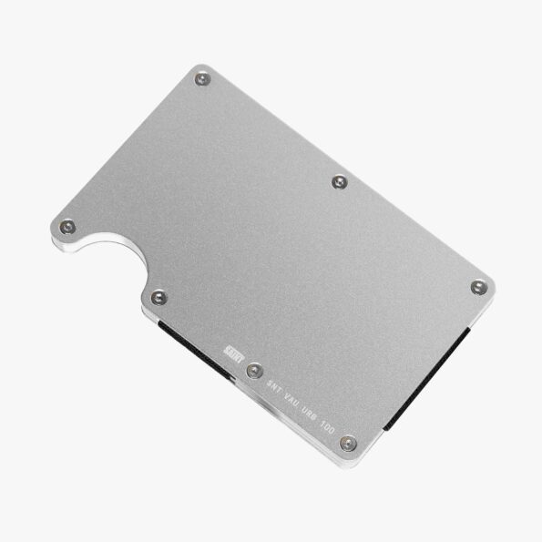 Brushed silver SAINT tactical wallet angled front view