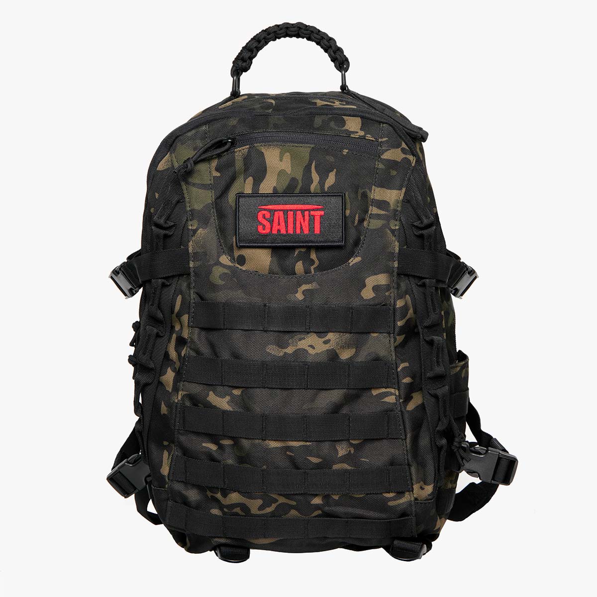 military camo backpack Tactical backpack in camouflage, featuring MOLLE system, dual-zip compartments, compression straps
