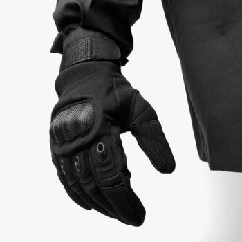 Black tactical gloves with carbon fiber knuckle guard