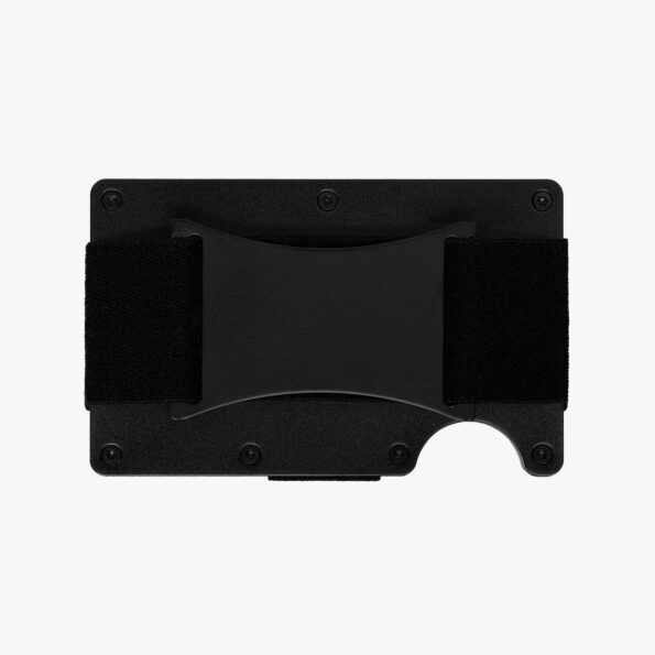 Back view of the matte black SAINT minimalist tactical wallet showing rear cash strap