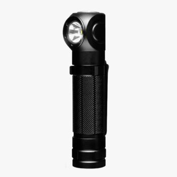Black tactical angle flashlight with 600 lumens, anti-slip grip, and magnetic tailcap, compact military-grade design for outdoor and mission use.