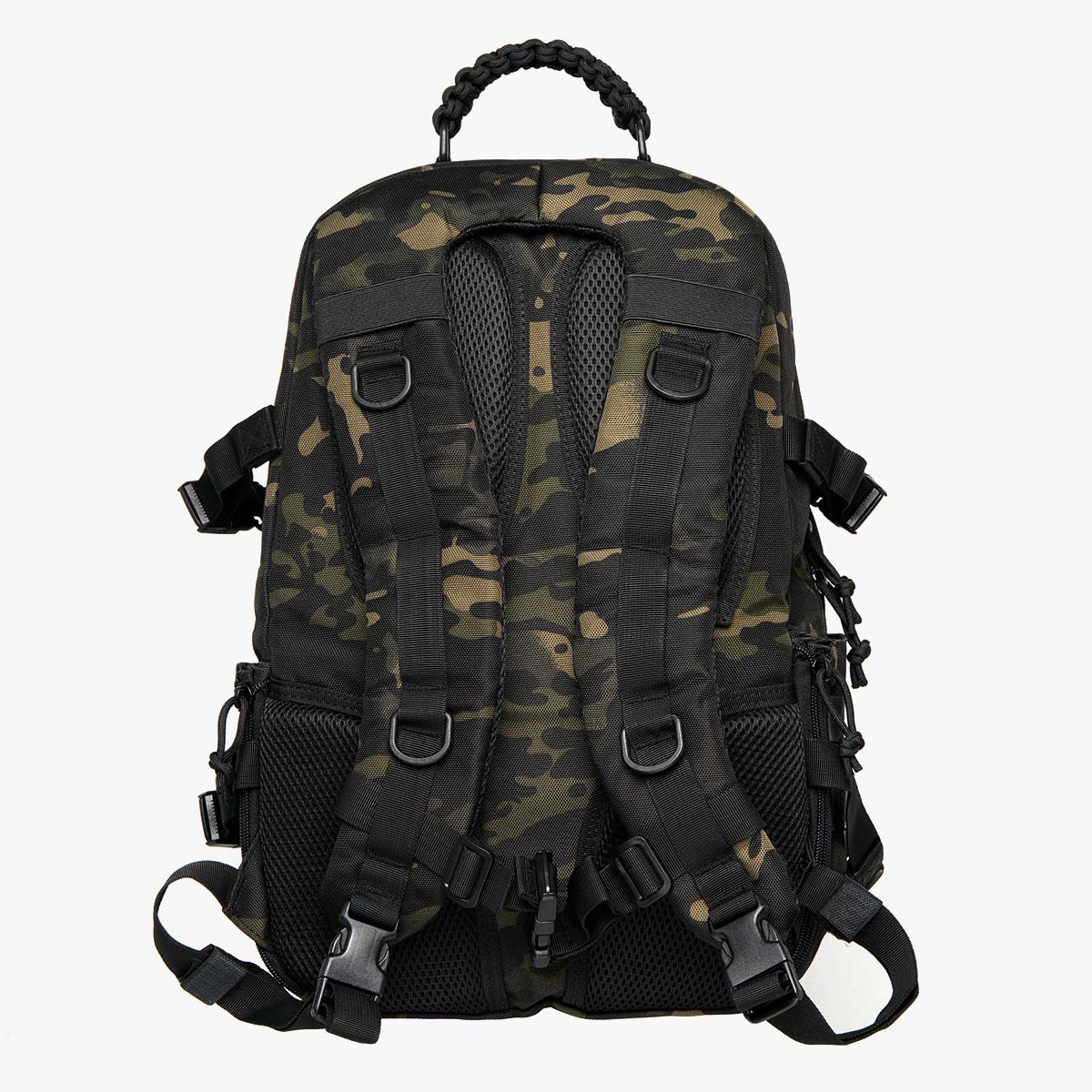 tactical military backpack Rear view of SAINT tactical backpack in dark camo, showing padded straps, D-rings, breathable mesh back, and reinforced paracord handle