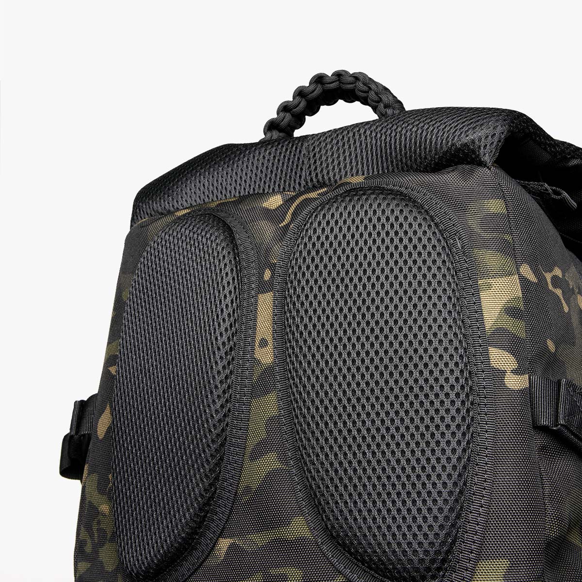 waterproof military backpack Close-up of SAINT tactical backpack back padding, showing breathable mesh panels